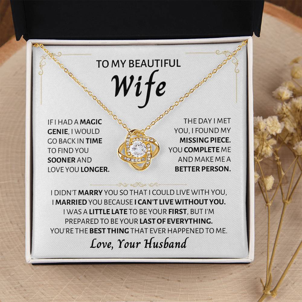To My Beautiful Wife Necklace - Best Surprise Gift for Wife from Husband for Anniversary, Christmas & Valentine’s Day - Love Knot Necklace
