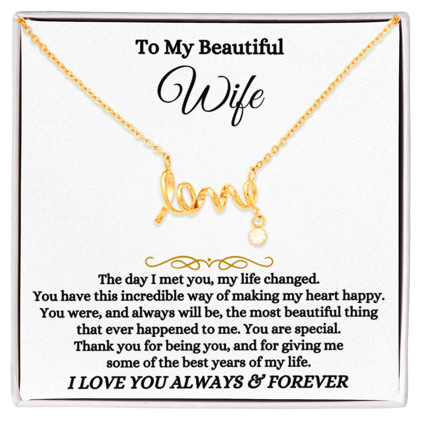 To My Wife Necklace - Loving Jewelry from Husband for Birthday, Valentine’s Day & Holidays - Scripted Love Necklace