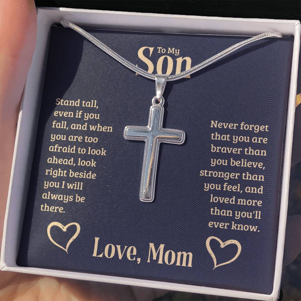 To My Son - Gift for Son from Mom - You are braver than you believe - Artisan Cross Necklace