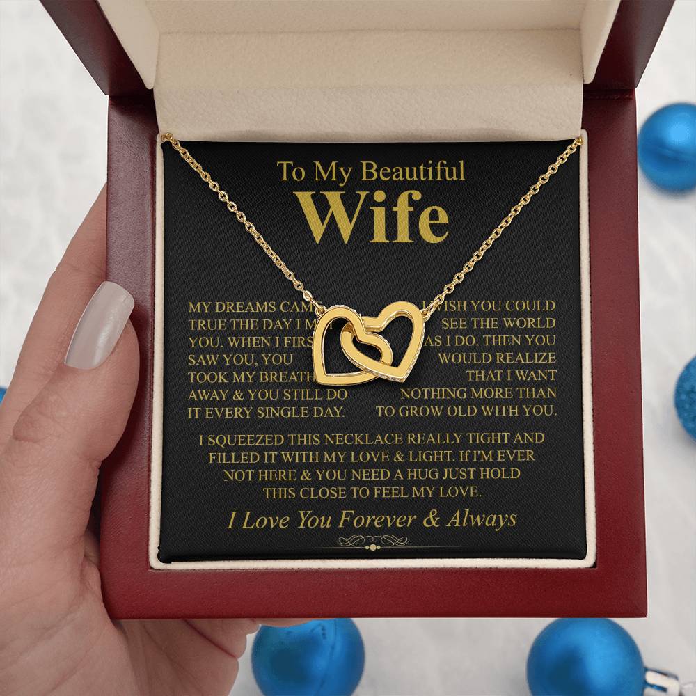 To My Beautiful Wife Necklace - Perfect Romantic Surprise from Husband for Anniversary, Birthday & Valentine’s Day - Interlocking Hearts Necklace