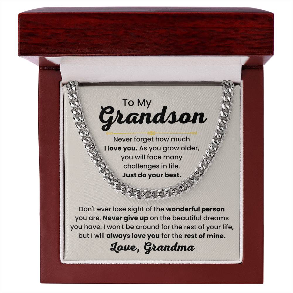 Grandson Necklace Gift from Grandma, Birthday, Graduation & Christmas Jewelry - Cuban Link Chain