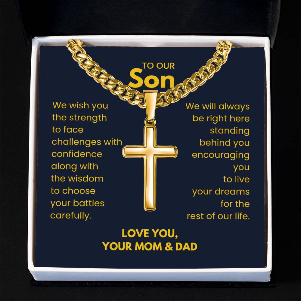 To Our Son - Son Gift from Mom and Dad - Artisan Cross with Cuban Link Chain