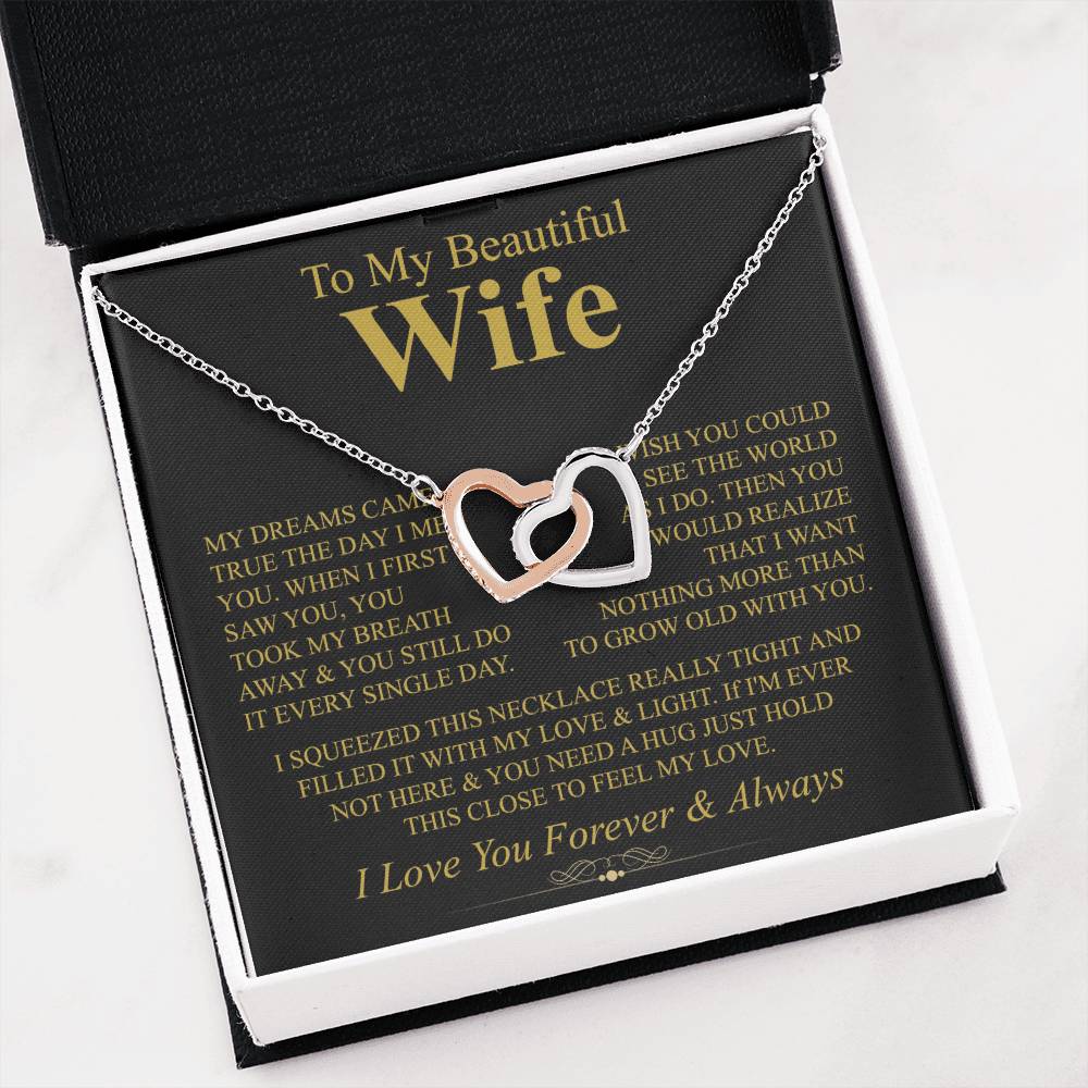 To My Beautiful Wife Necklace - Perfect Romantic Surprise from Husband for Anniversary, Birthday & Valentine’s Day - Interlocking Hearts Necklace