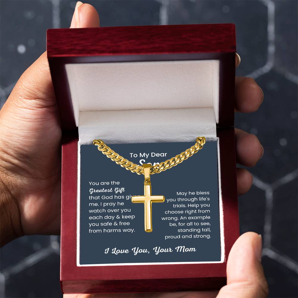 To Dear My Son - You are the greatest gift - Gift for Son from Mom - Artisan Cross with Cuban Link Chain