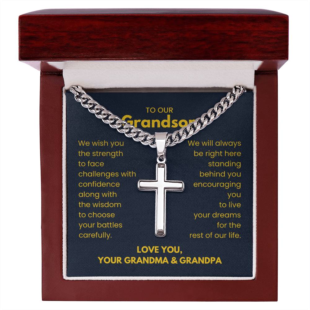 To Our Grandson - Grandson Gift from Grandma and Grandpa - Artisan Cross with Cuban Link Chain