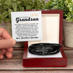Men’s Leather Cross Bracelet, Gifts for Grandson, Fashionable Faith Jewelry Keepsake, To My Grandson
