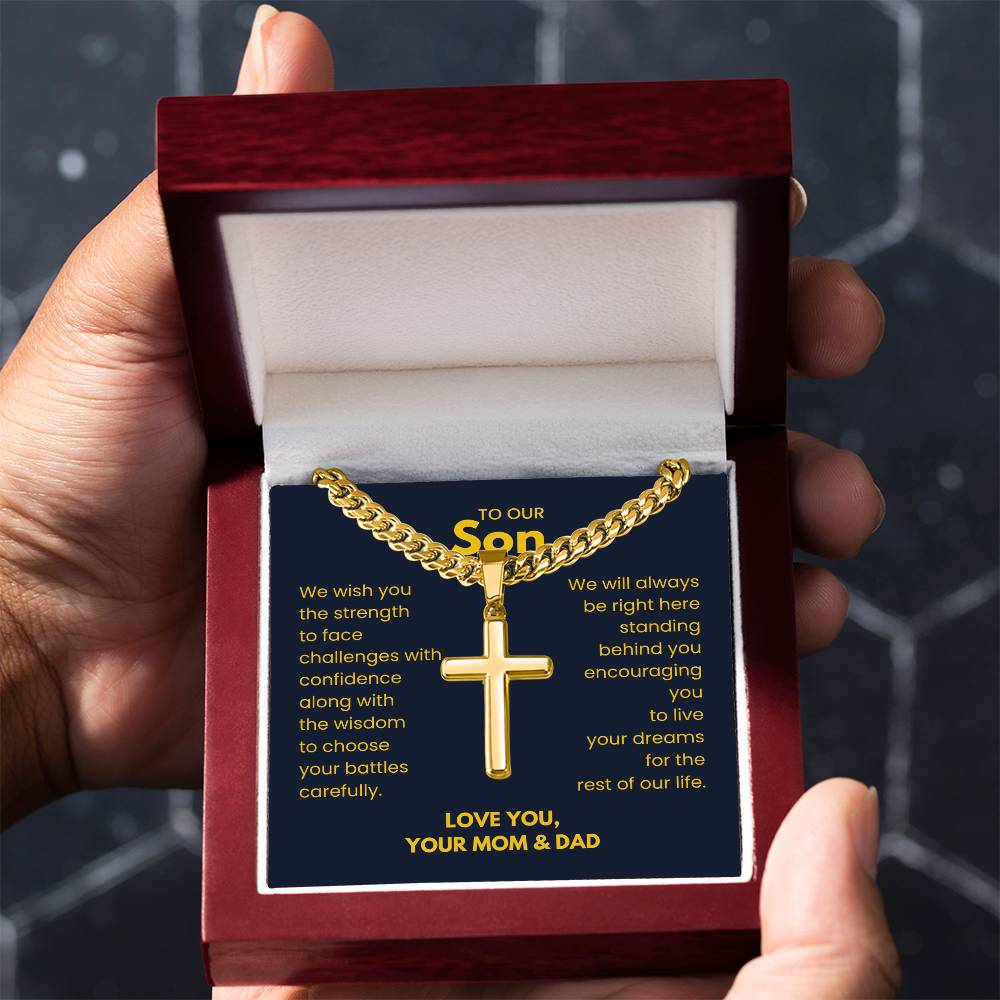 To Our Son - Son Gift from Mom and Dad - Artisan Cross with Cuban Link Chain