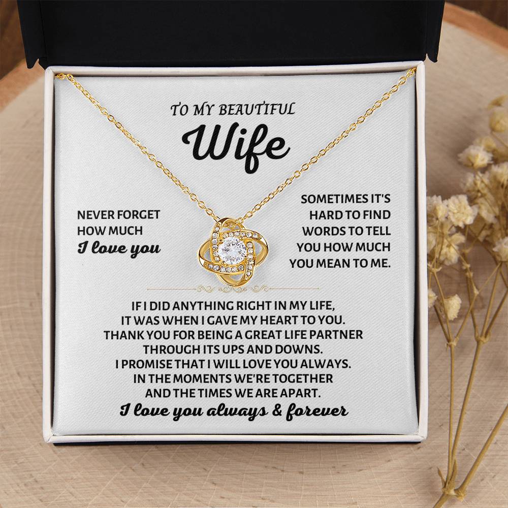 To My Beautiful Wife Necklace - Sweet Emotional Gift for Wife from Husband on Birthday, Anniversary & Valentine’s Day - Love Knot Necklace