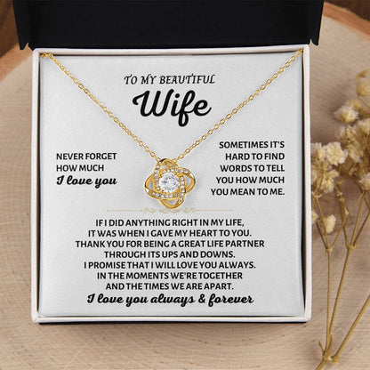 To My Beautiful Wife Necklace - Sweet Emotional Gift for Wife from Husband on Birthday, Anniversary & Valentine’s Day - Love Knot Necklace