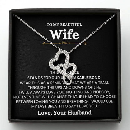 To My Beautiful Wife Necklace - Sweet Emotional Gift for Wife from Husband on Birthday, Anniversary & Valentine’s Day - Heart-to-heart Pendant Necklace