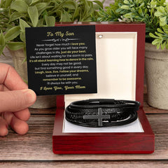 Stylish Men’s Cross Bracelet, Leather Jewelry Gift for Son, Faith & Strength, To My Dear Son