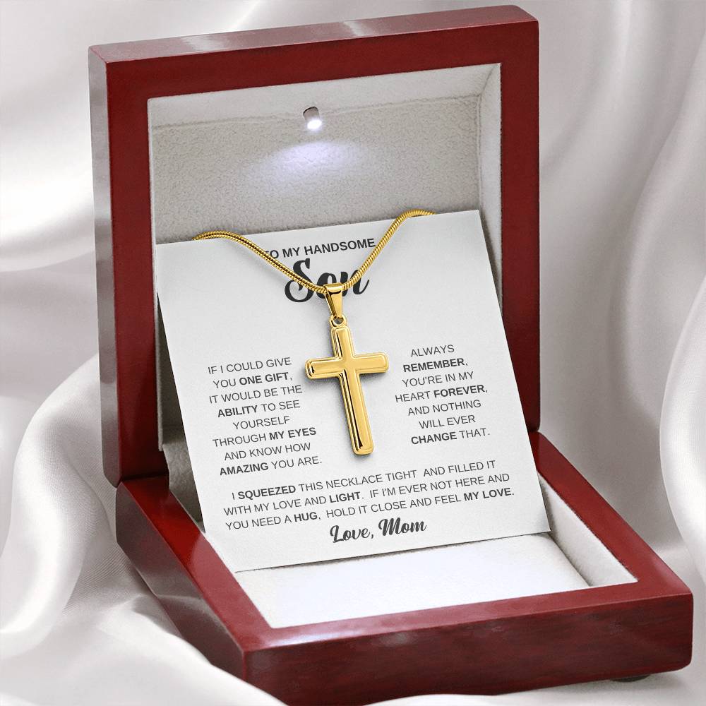To My Handsome Son - Gift for Son from Mom - You're in my hear forever - Artisan Cross Necklace