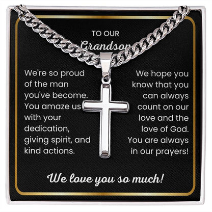 To Our Grandson - We love you so much - Gift for Grandson from Grandparents - Artisan Cross with Cuban Link Chain