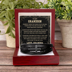 Grandson Bracelet Gift from Grandpa, Leather Wristband with Love Message, To My Grandson