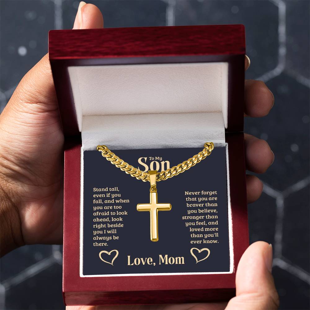 To My Son - Gift for Son from Mom - You are braver than you believe - Artisan Cross with Cuban Link Chain