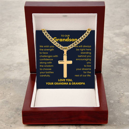 To Our Grandson - Grandson Gift from Grandma and Grandpa - Artisan Cross with Cuban Link Chain