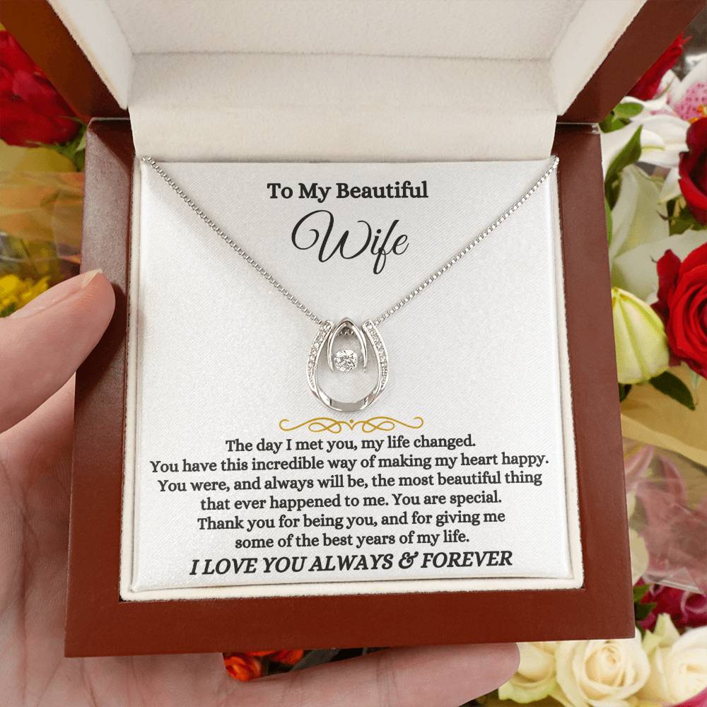 To My Beautiful Wife Necklace - Heartwarming Gift from Husband for Birthday, Anniversary & Valentine’s Day - Lucky In Love Necklace