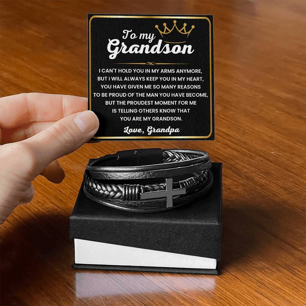 To My Grandson – Graduation, Christmas Gift from Grandpa – Men's Cross Bracelet