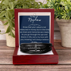 Special Nephew Gift, Black Leather Bracelet with Inspirational Message, To my nephew