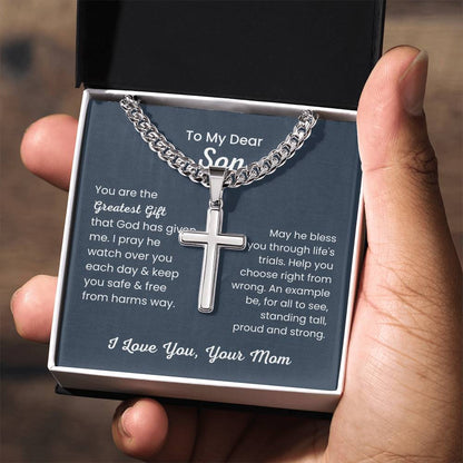 To Dear My Son - You are the greatest gift - Gift for Son from Mom - Artisan Cross with Cuban Link Chain