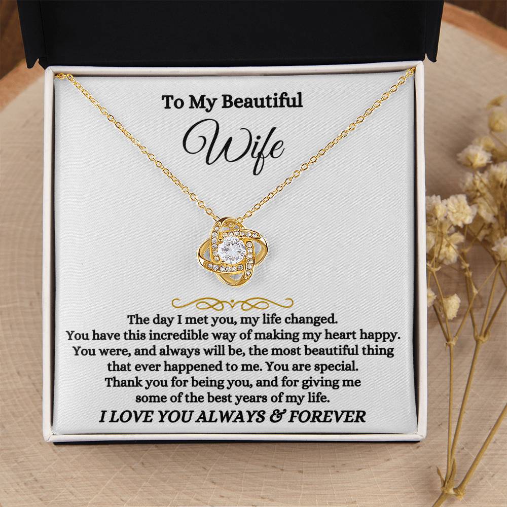 To My Beautiful Wife Necklace - Beautiful Wife Jewelry Gift for Birthday, Valentine’s Day & Special Romantic Moments - Love Knot Necklace