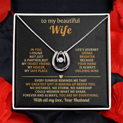To My Beautiful Wife Necklace - Husband to Wife Jewelry for Romantic Valentine’s Day, Birthday & Anniversary Gifts - Lucky In Love Necklace