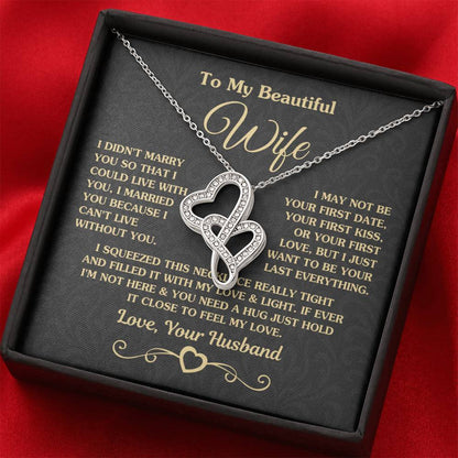 To My Beautiful Wife Necklace - Perfect Romantic Surprise from Husband for Anniversary, Birthday & Valentine’s Day - Heart-to-heart Pendant Necklace
