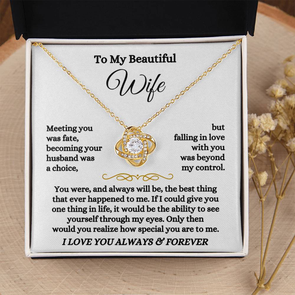 To My Beautiful Wife Necklace - Touching Romantic Gift for Wife from Husband for Christmas, Anniversary & Valentine’s Day - Love Knot Necklace