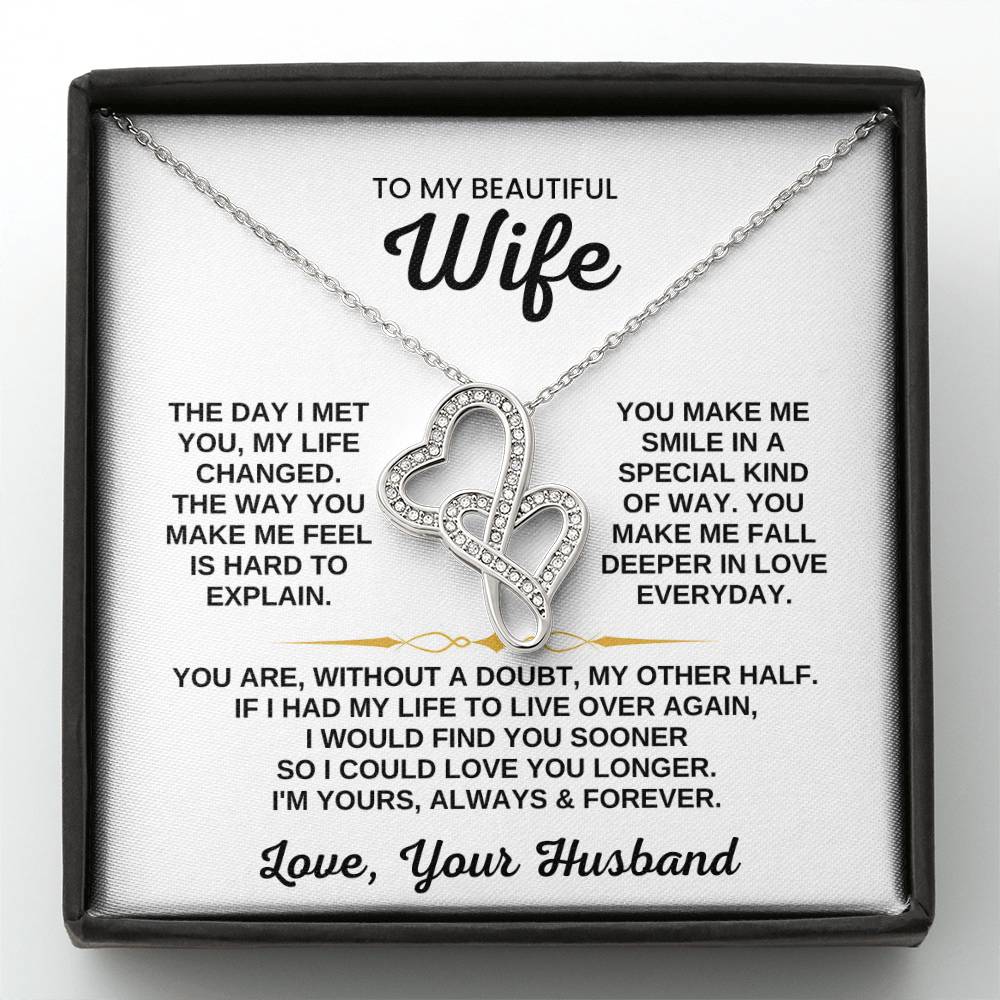 To My Beautiful Wife Necklace - Romantic Birthday Jewelry Gift from Husband for Valentine’s Day & Long Lasting Memories - Heart-to-heart Pendant Necklace