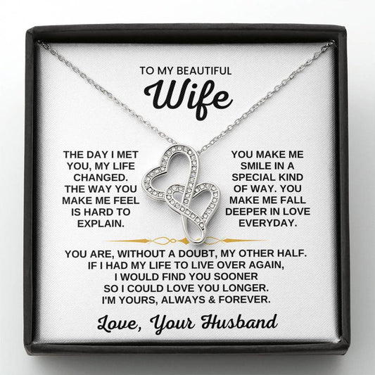 To My Beautiful Wife Necklace - Romantic Birthday Jewelry Gift from Husband for Valentine’s Day & Long Lasting Memories - Heart-to-heart Pendant Necklace