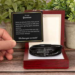 Gifts for Grandson, Men’s Cross Bracelet in Leather, Stylish Everyday Jewelry, To My Grandson