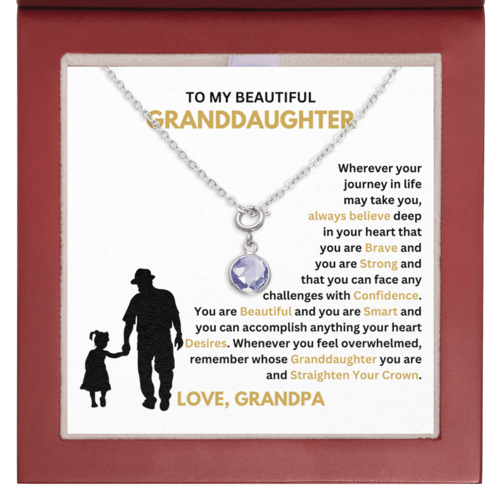 February Granddaughter Birthstone Necklace from Grandpa - Mahogany LED box