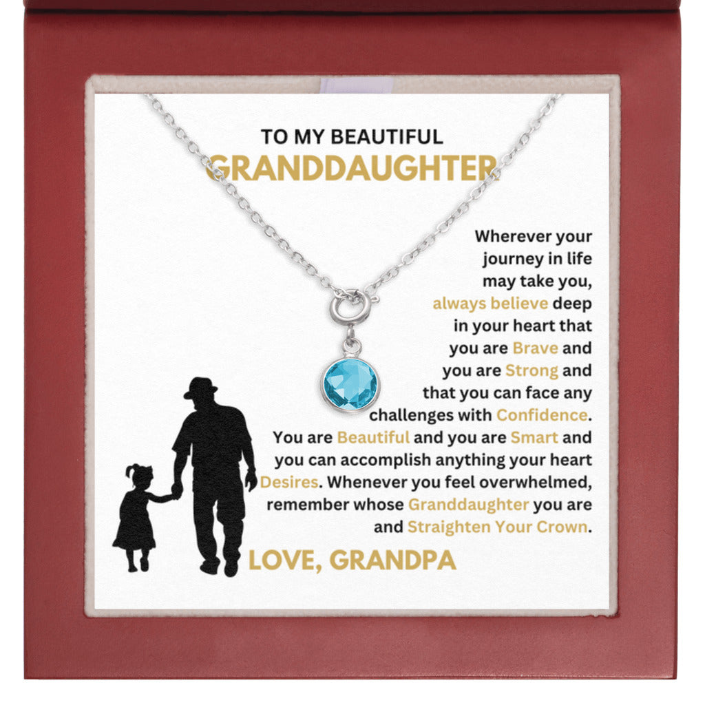 March Granddaughter Birthstone Necklace from Grandpa - Mahogany LED box