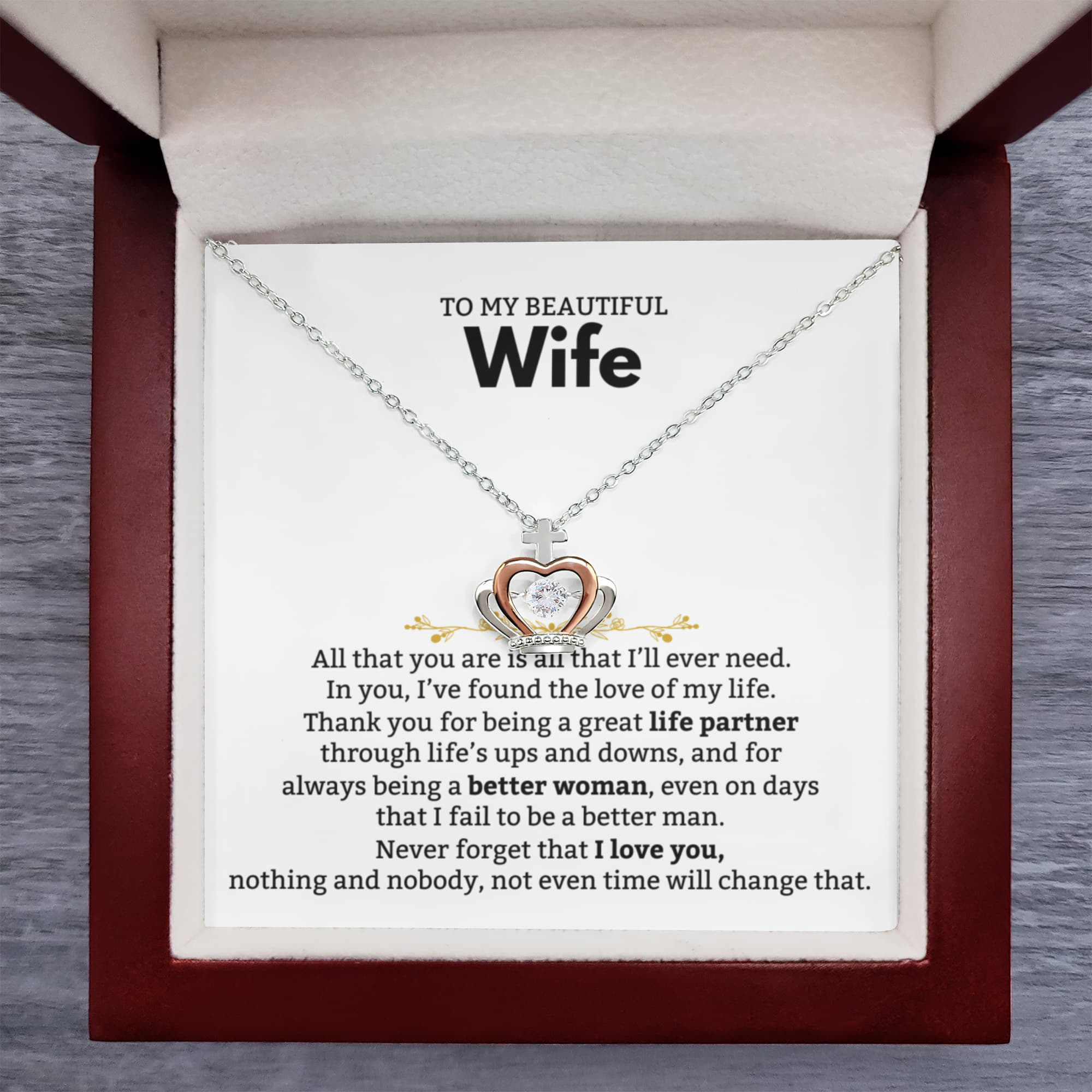 To My Beautiful Wife Necklace - Romantic Gift from Husband for Birthday, Anniversary, Christmas & Valentine’s Day - Crown Pendant Necklace