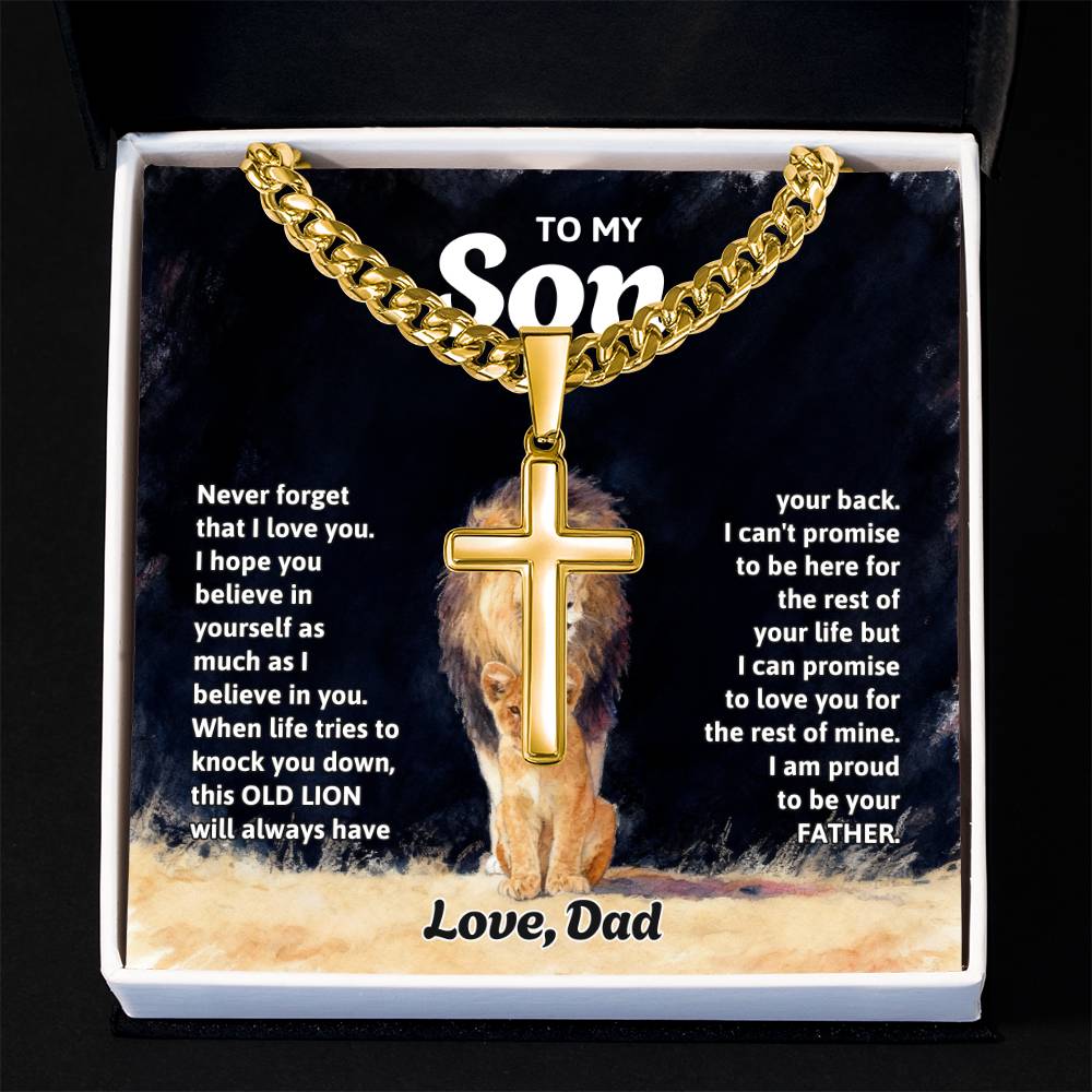 To My Son Necklace - Gift for Son from Dad - Never forget that I love you - Artisan Cross with Cuban Link Chain