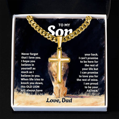 To My Son Necklace - Gift for Son from Dad - Never forget that I love you - Artisan Cross with Cuban Link Chain