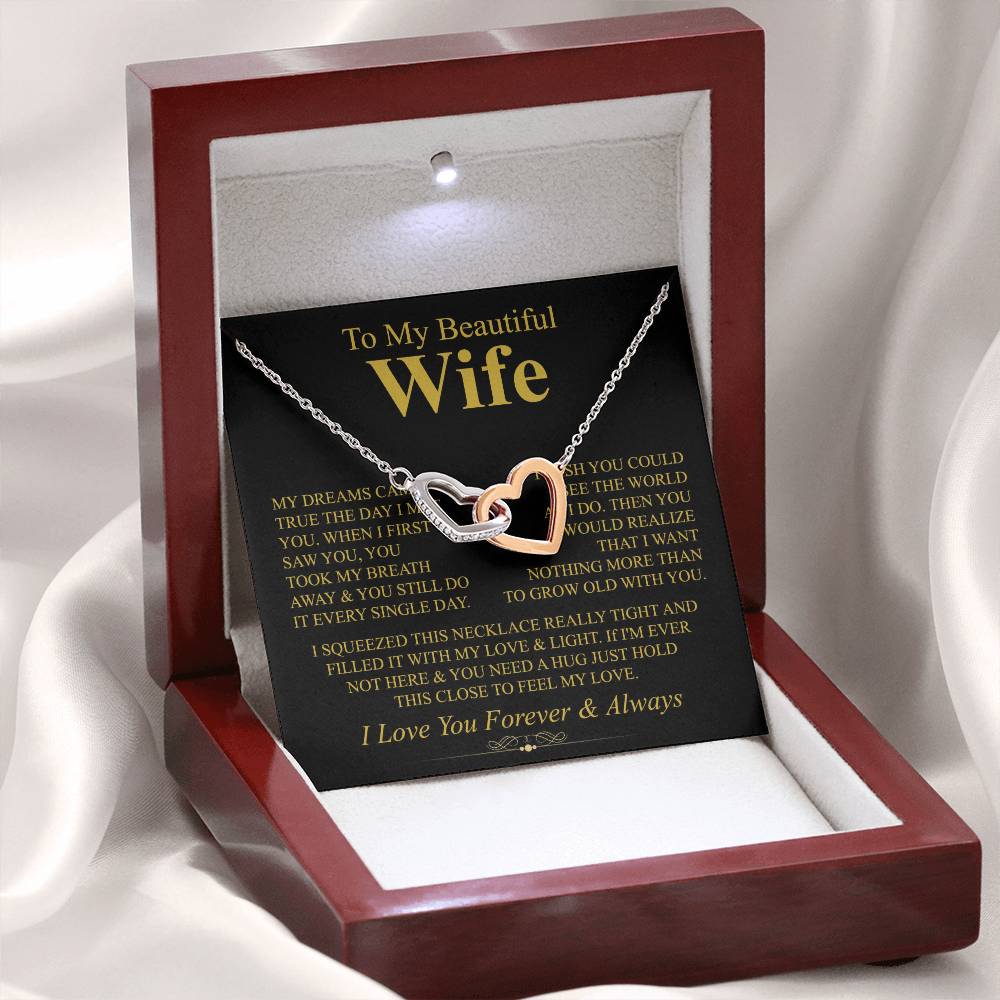 To My Beautiful Wife Necklace - Perfect Romantic Surprise from Husband for Anniversary, Birthday & Valentine’s Day - Interlocking Hearts Necklace