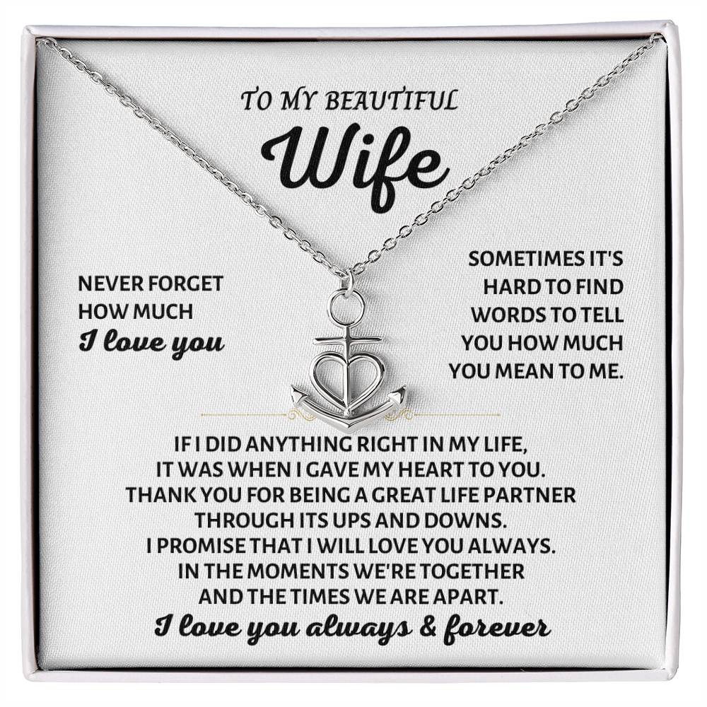 To My Beautiful Wife Necklace - Perfect Romantic Surprise from Husband for Anniversary, Birthday & Valentine’s Day - Anchor Pendant Necklace