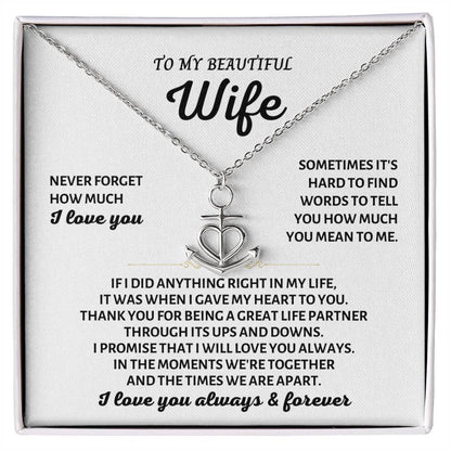 To My Beautiful Wife Necklace - Perfect Romantic Surprise from Husband for Anniversary, Birthday & Valentine’s Day - Anchor Pendant Necklace