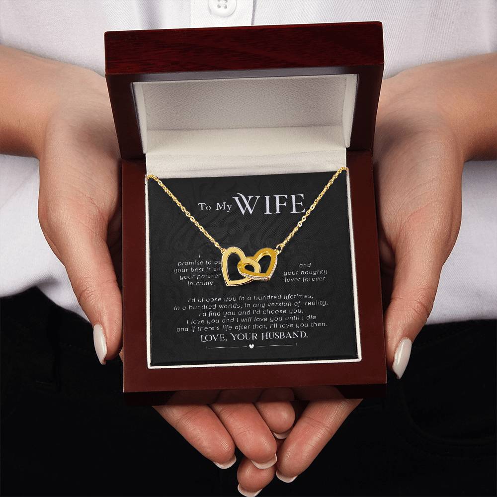 To My Wife Necklace - Touching Romantic Gift for Wife from Husband for Christmas, Anniversary & Valentine’s Day - Interlocking Hearts Necklace