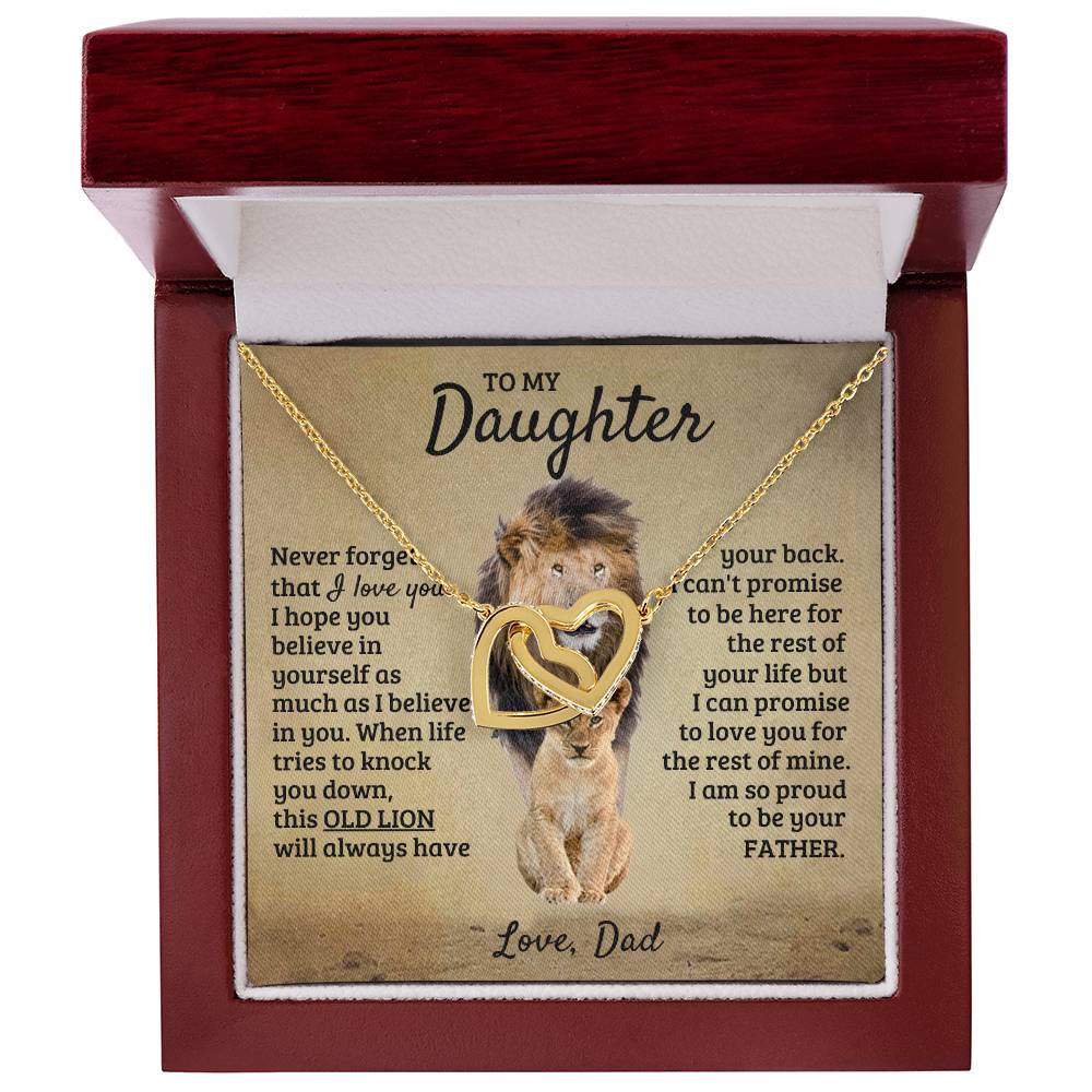 To My Daughter Necklace - Birthday Jewelry Gift from Dad - Old Lion - Interlocking Hearts Necklace