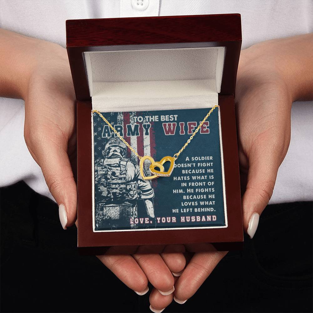 To My Army Wife Necklace - Best Loving Jewelry Gift for Valentine’s Day, Anniversaries & Romantic Surprises - Interlocking Hearts Necklace