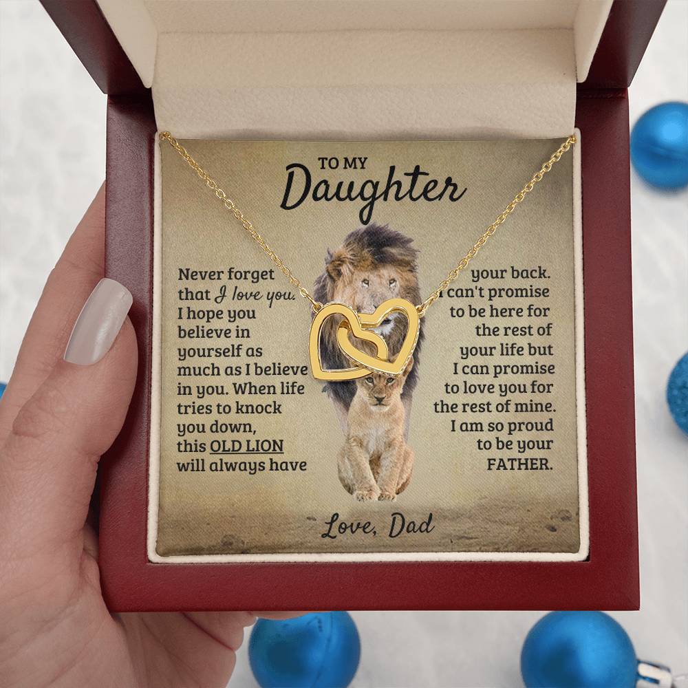 To My Daughter Necklace - Birthday Jewelry Gift from Dad - Old Lion - Interlocking Hearts Necklace