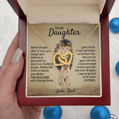 To My Daughter Necklace - Birthday Jewelry Gift from Dad - Old Lion - Interlocking Hearts Necklace