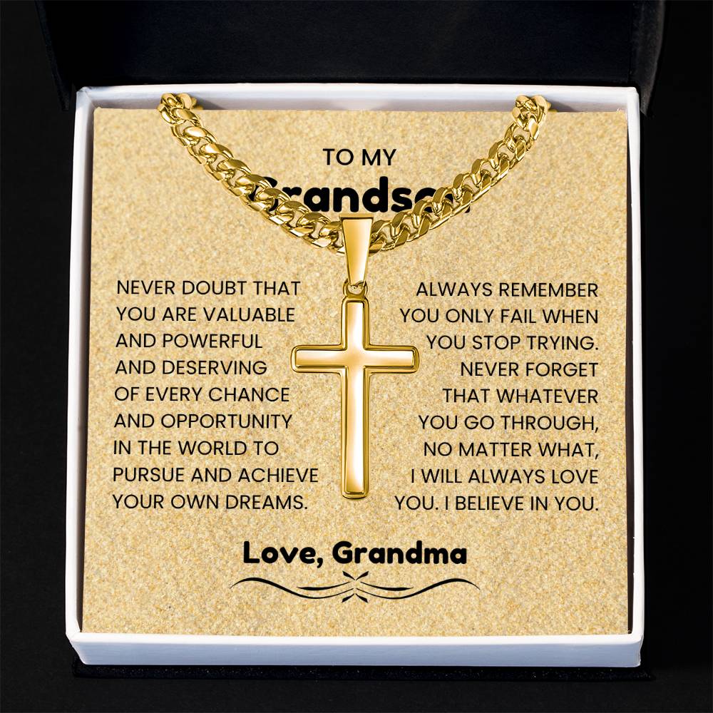 To My Grandson - Gift for Grandson from Grandma - I will always love you - Artisan Cross with Cuban Link Chain