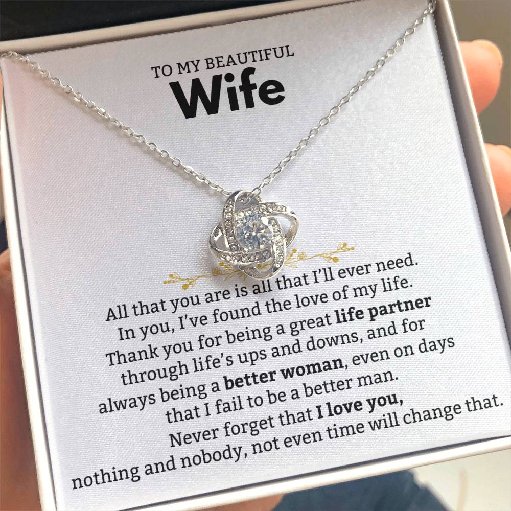 To My Beautiful Wife Necklace - Romantic Birthday Jewelry Gift from Husband for Valentine’s Day & Long Lasting Memories - Love Knot Necklace