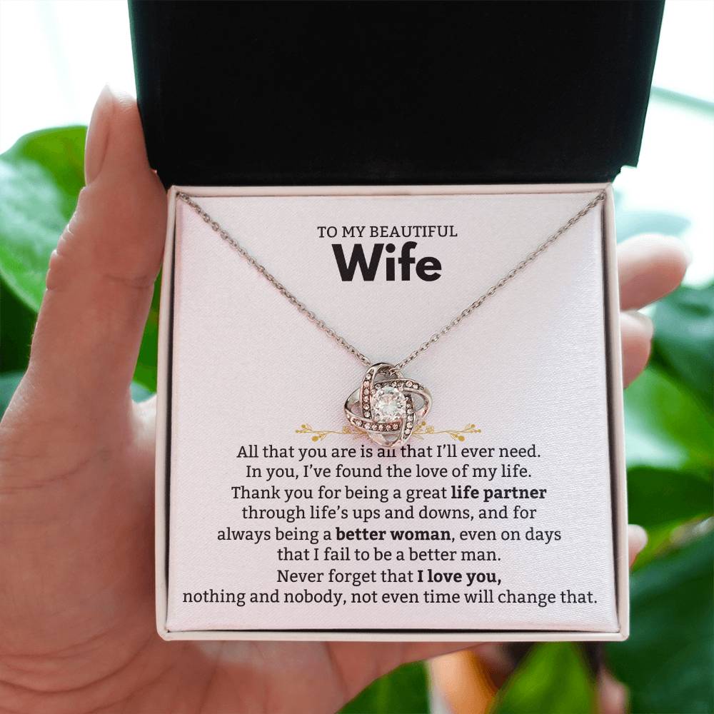 To My Beautiful Wife Necklace - Romantic Birthday Jewelry Gift from Husband for Valentine’s Day & Long Lasting Memories - Love Knot Necklace