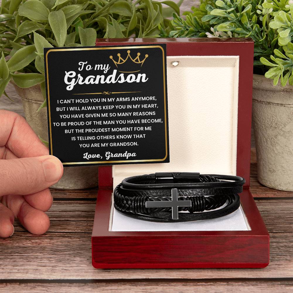 To My Grandson – Graduation, Christmas Gift from Grandpa – Men's Cross Bracelet