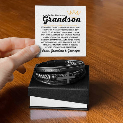 To Our Grandson – Holiday, Birthday, Graduation Gift – Men's Cross Bracelet
