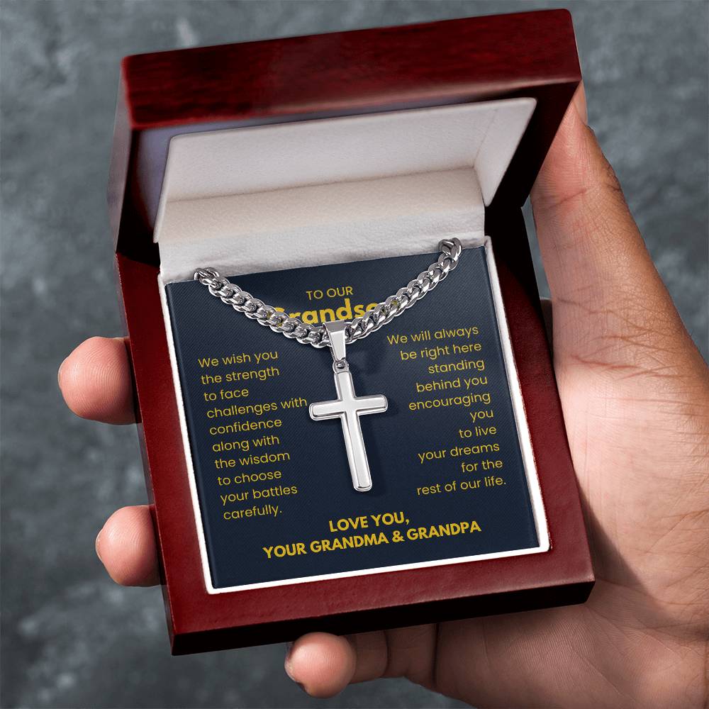 To Our Grandson - Grandson Gift from Grandma and Grandpa - Artisan Cross with Cuban Link Chain